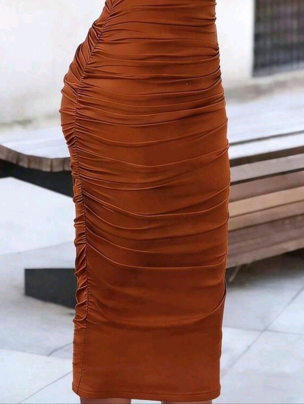New Ruched Midi Skirt in Rich Brown